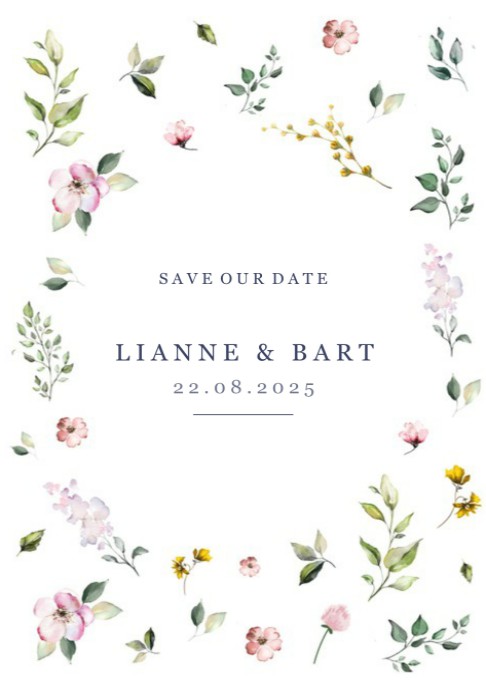 Trouwkaart Lianne & Bart met veldbloemen