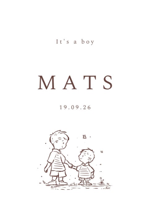 Geboortekaartje handgeschept papier met broertjes illustratie Mats
