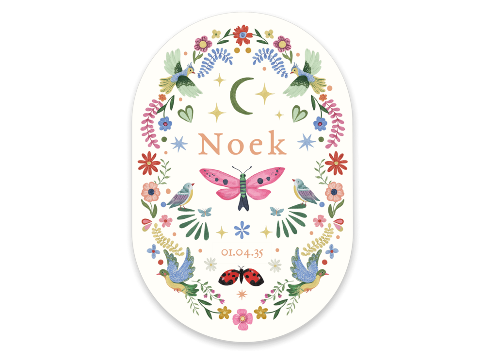 Kleurrijk folk en eclectic ovaal geboortekaartje Noek voorzijde