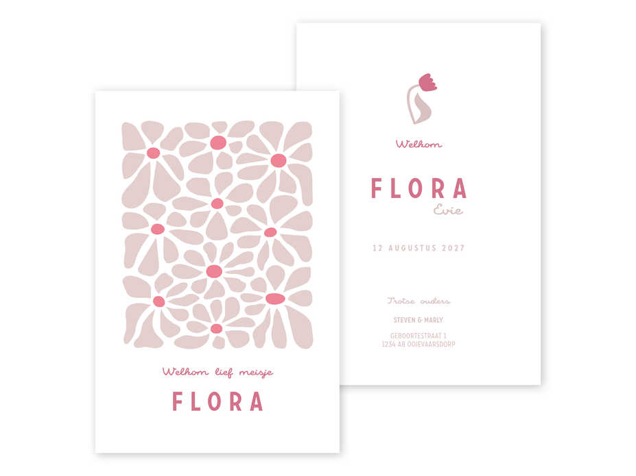 Modern geboortekaartje met bloemen Flora