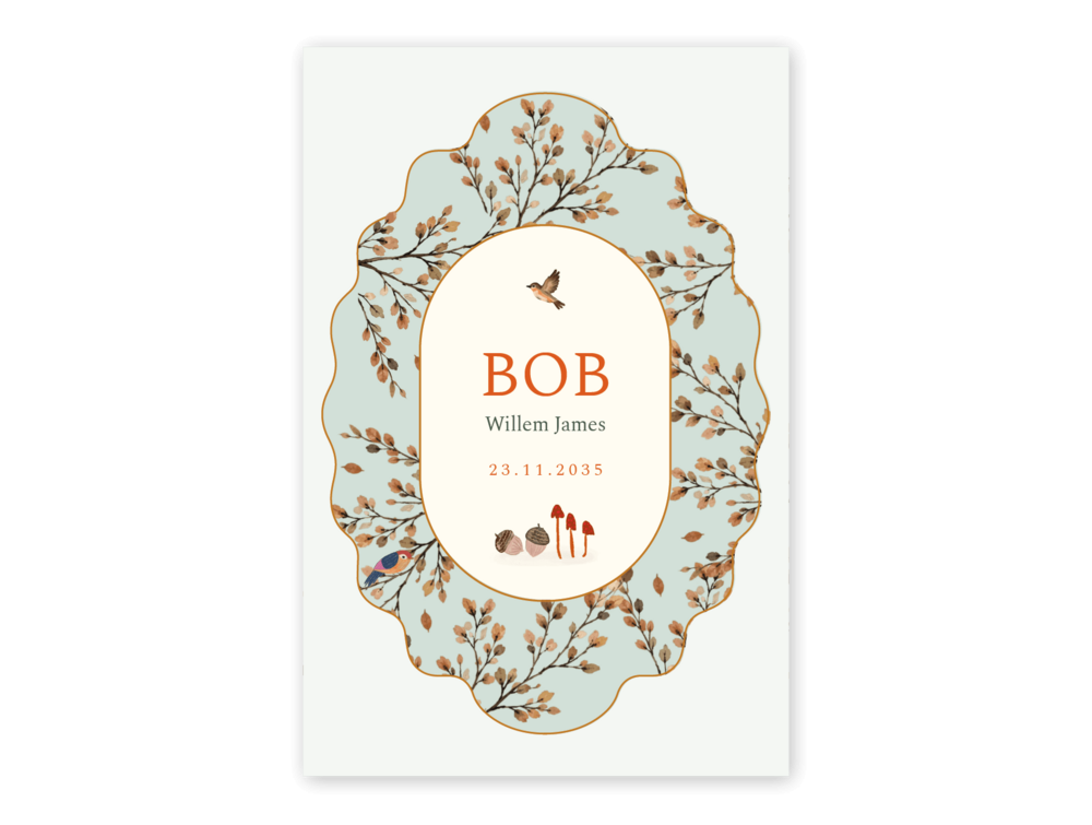 Lief geboortekaartje met bladeren vogels paddestoelen en eikeltjes Bob