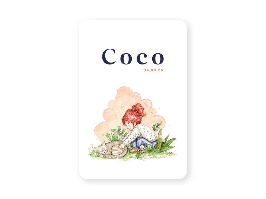 Geboortekaartje met handgetekende illustratie van meisje en poes Coco