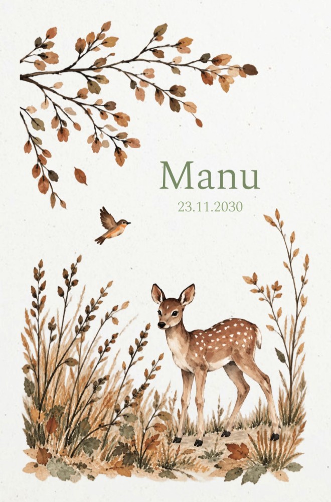 Geboortekaartje meisje herfst bladeren, hertje en vogel Manu