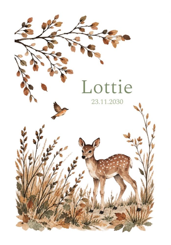 Geboortekaartje meisje handgeschept papier met herfst illustratie hertje en vogel