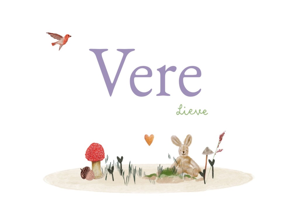 Geboortekaartje meisje illustratief konijn hartje paddestoel vogel Vere