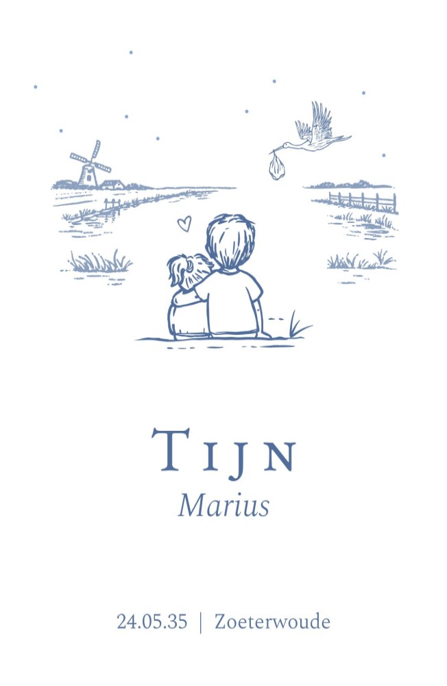 Geboortekaartje met broer en zus lijntekening Tijn