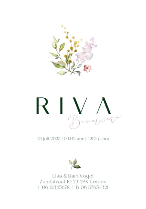 Geboortekaartje Riva met veldbloemen