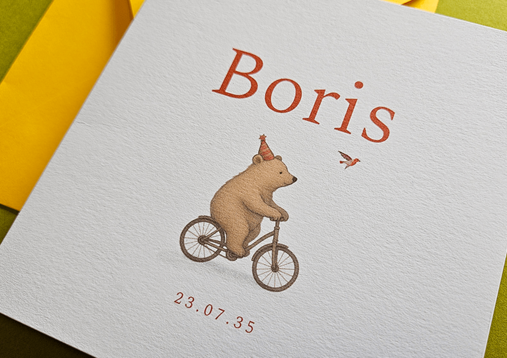Geboortekaartje met beertje op fiets Boris