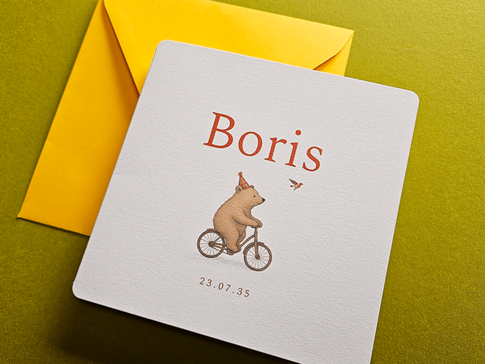 Geboortekaartje met beertje op fiets Boris