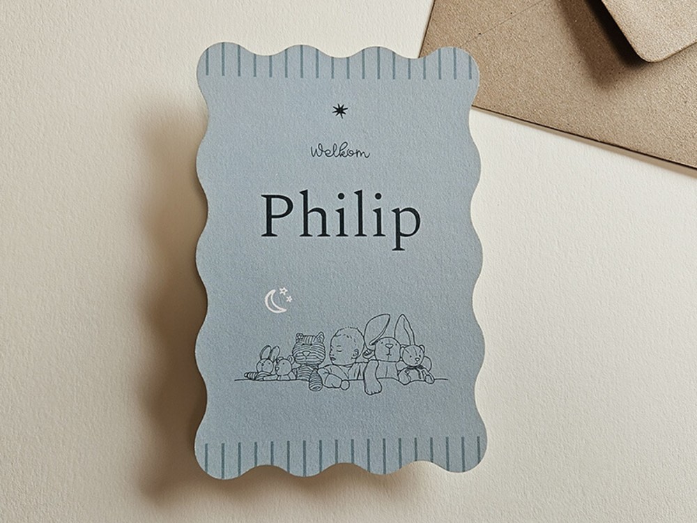 Golvende vorm geboortekaartje met lijntekening Philip