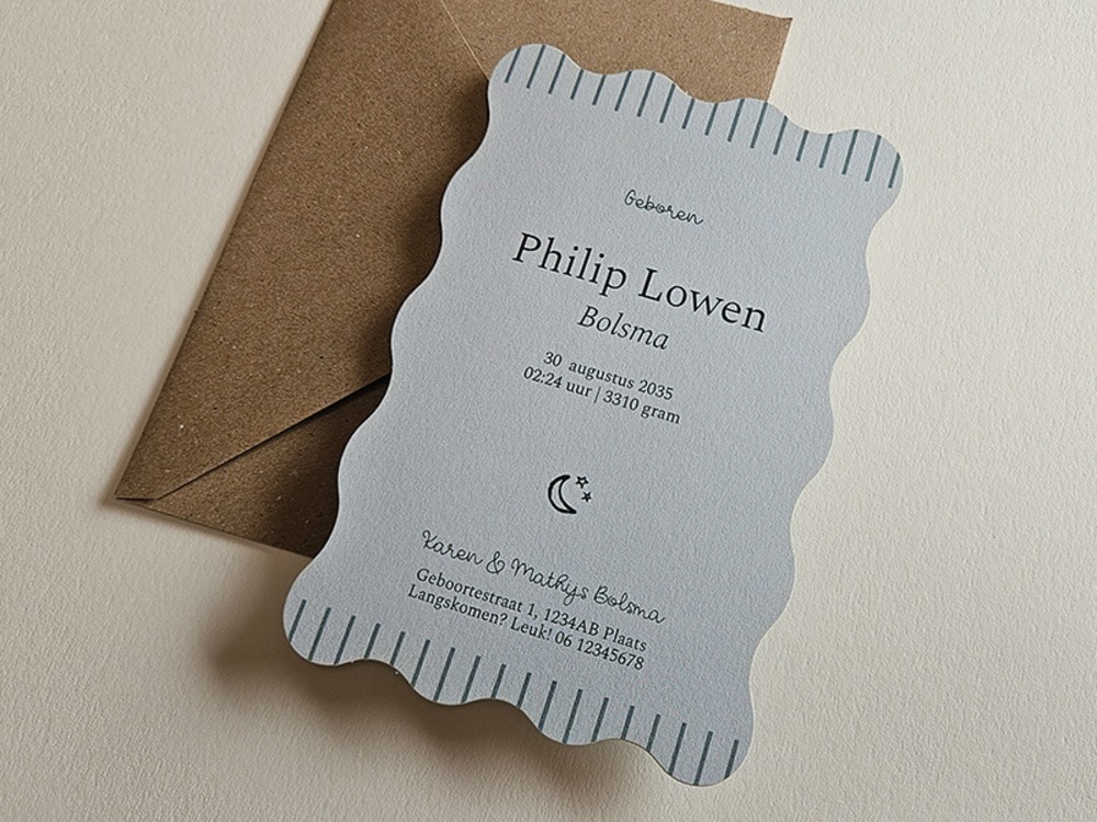 Golvende vorm geboortekaartje met lijntekening Philip
