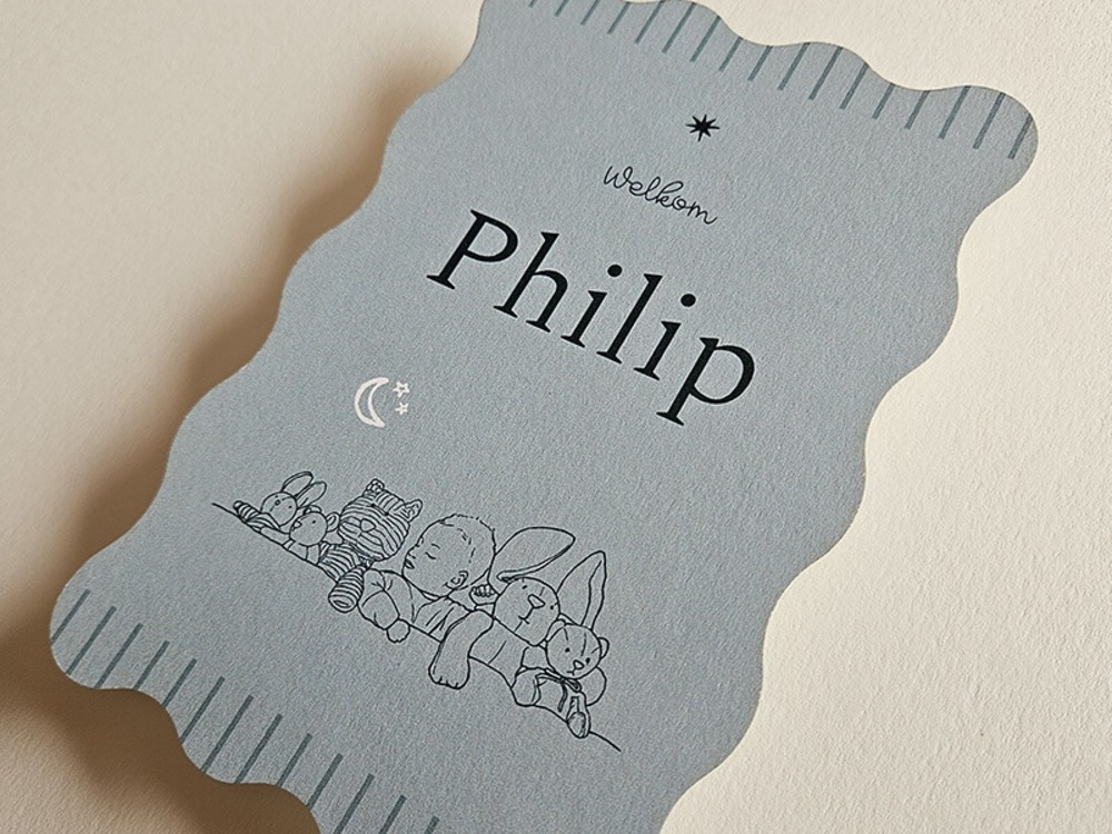 Golvende vorm geboortekaartje met lijntekening Philip