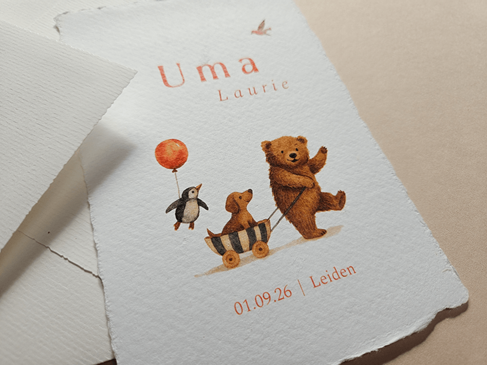 Geboortekaartje beer hond pinguin met ballon