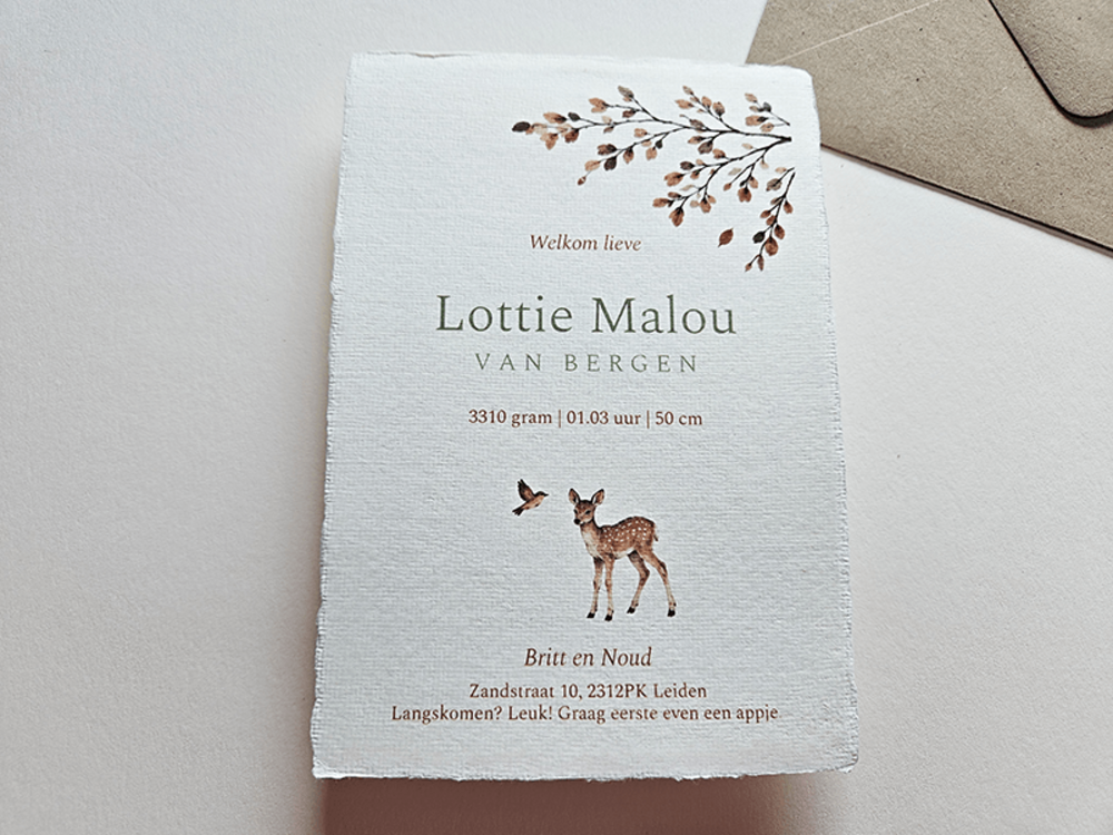 Geboortekaartje meisje handgeschept papier met herfst illustratie hertje Lottie
