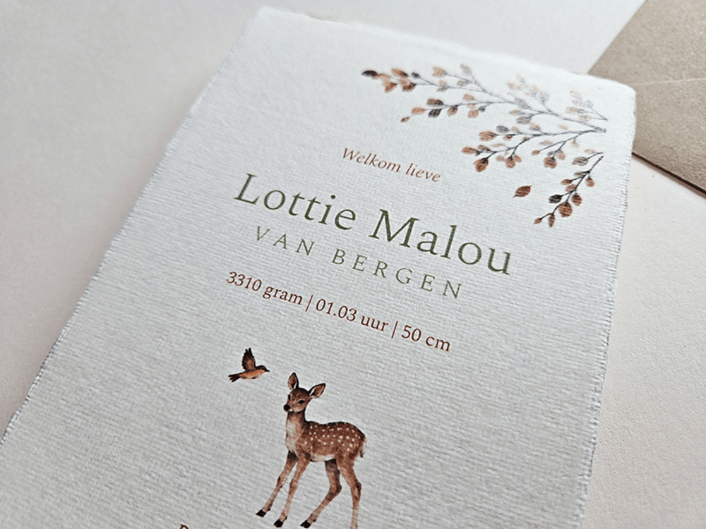 Geboortekaartje meisje handgeschept papier met herfst illustratie hertje Lottie