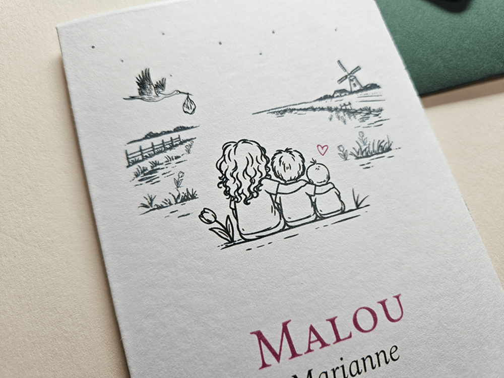 Geboortekaartje meisje zus en broertje lijntekening Malou