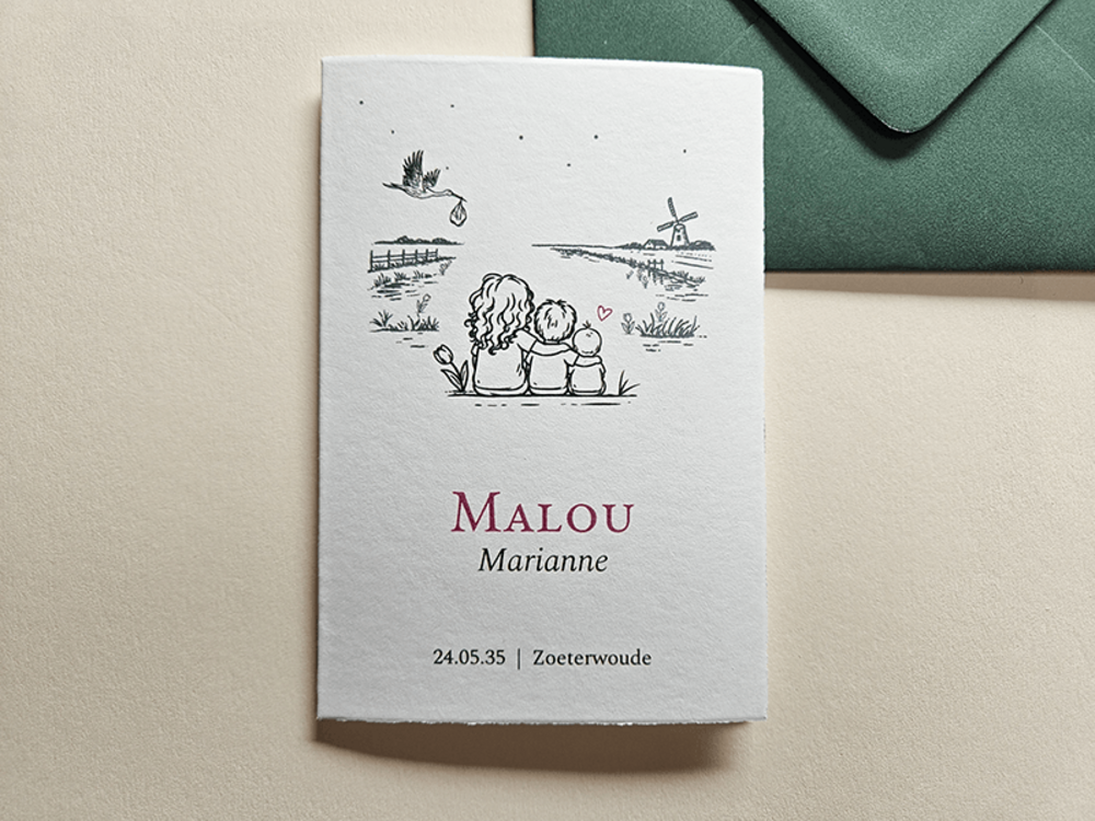 Geboortekaartje meisje zus en broertje lijntekening Malou