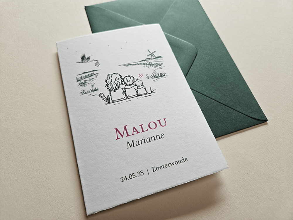 Geboortekaartje meisje zus en broertje lijntekening Malou