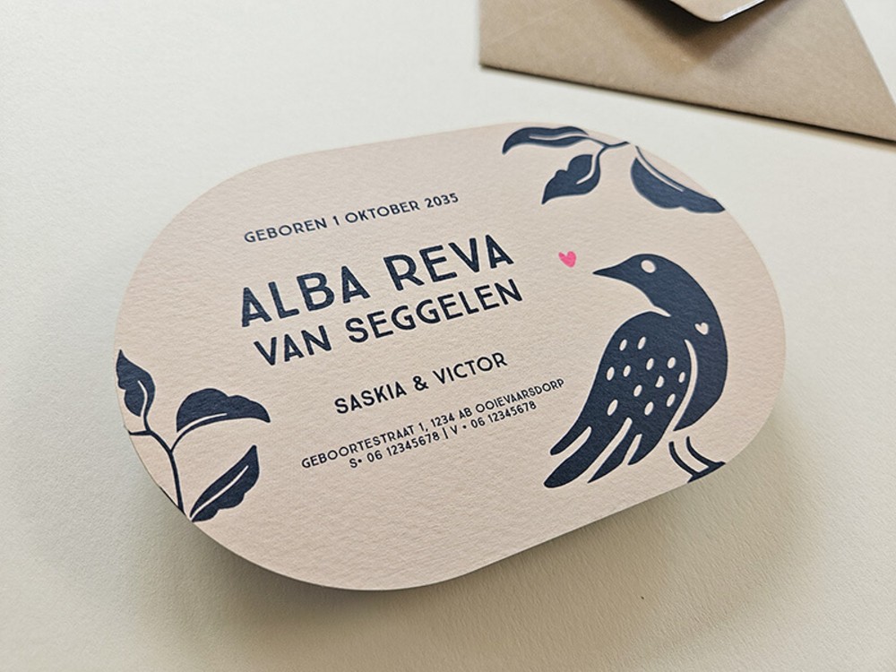 Stoer kleurrijk linosnede geboortekaartje Alba