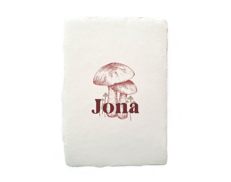 Handgeschept papier geboortekaartje Jona paddestoelen 1