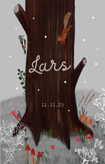 Winter geboortekaartje met eekhoorntje en boomstam Lars