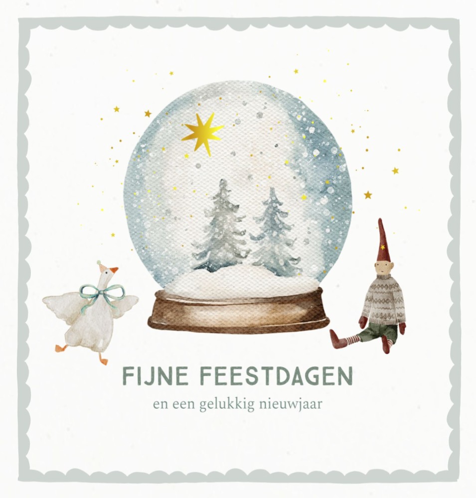 Illustratieve kerstkaart met kerstmannetje en gansje met kerstmuts – handgetekende kerstkaart De Kaartjeswinkel.”