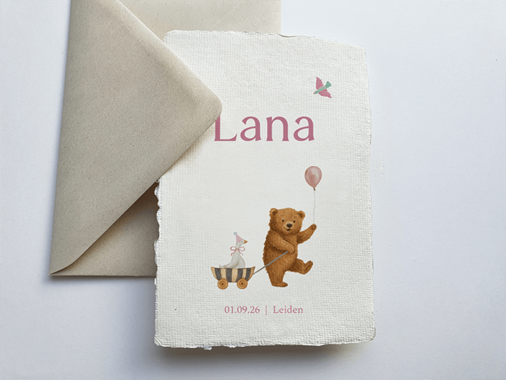 Geboortekaartje beer, ballon en gansje in karretje Lana