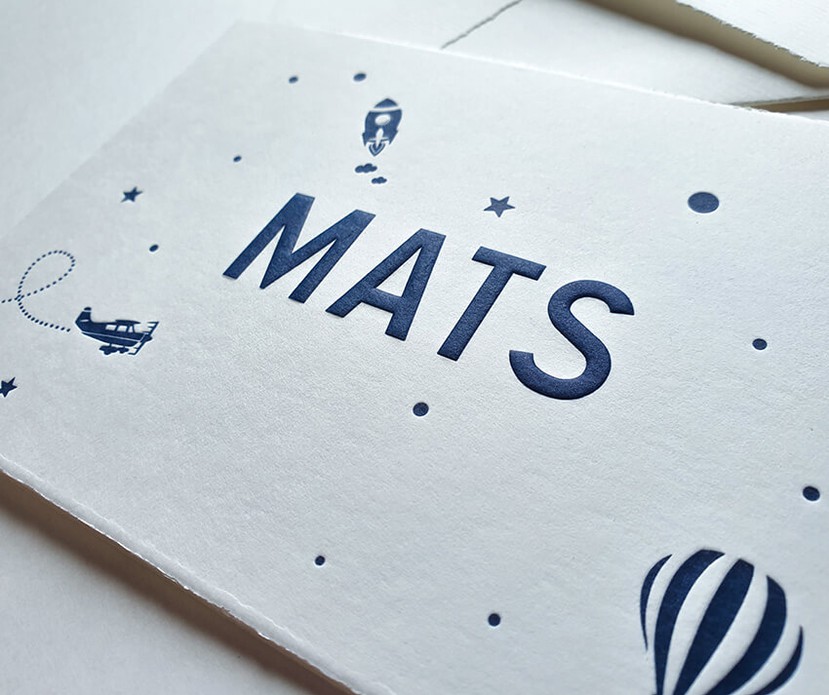 Letterpress geboortekaartje Mats ruimte