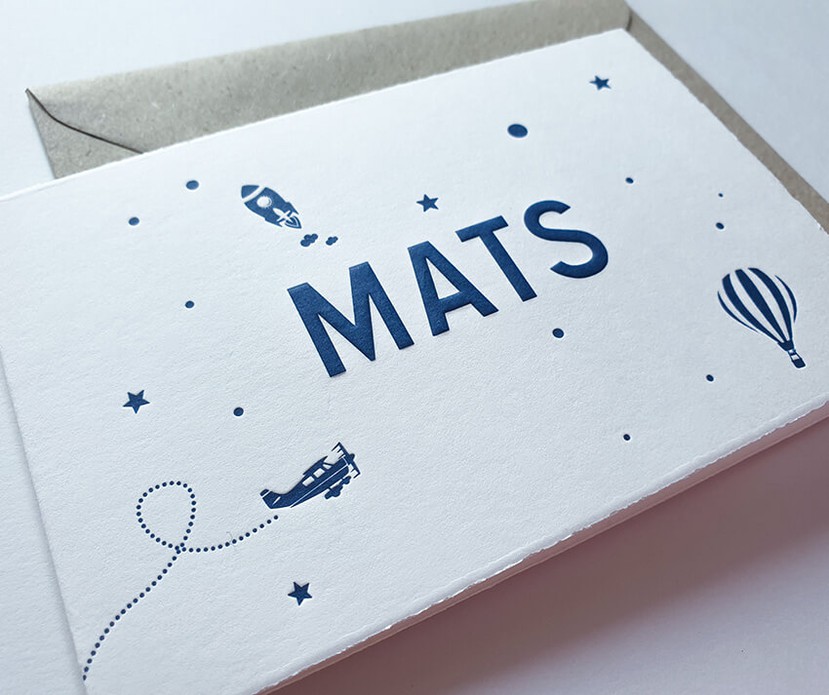 Letterpress geboortekaartje Mats ruimte