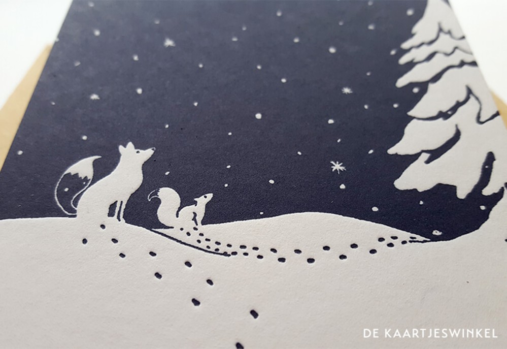 Letterpress kerstkaart Vos en eekhoorn