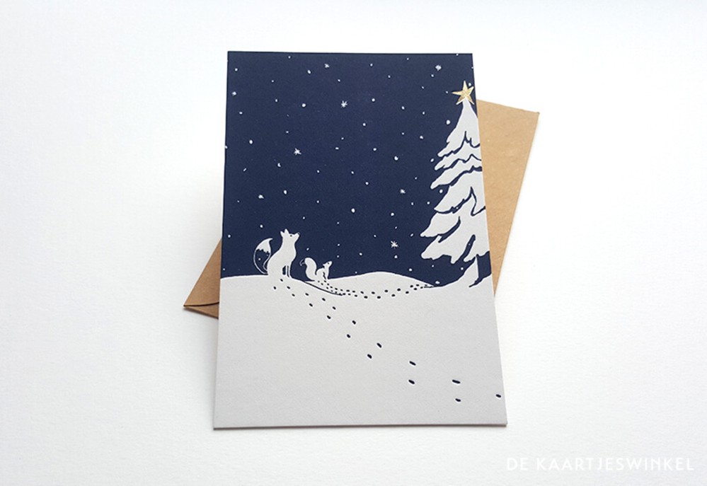 Letterpress kerstkaart Vos en eekhoorn