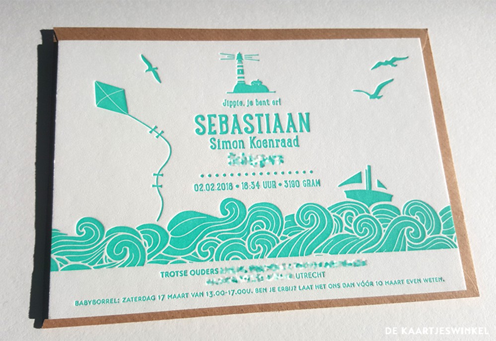 Letterpress geboortekaartje - Oceaan Sebastiaan
