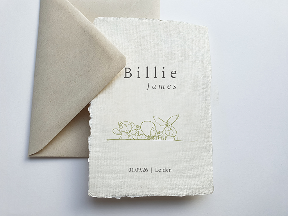 Lief geboortekaartje handgeschept papier Billie