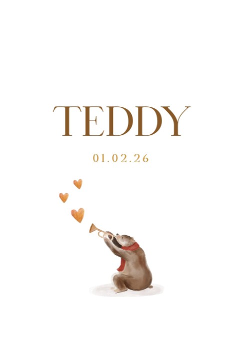 Lief geboortekaartje Teddy met beer en hartjes