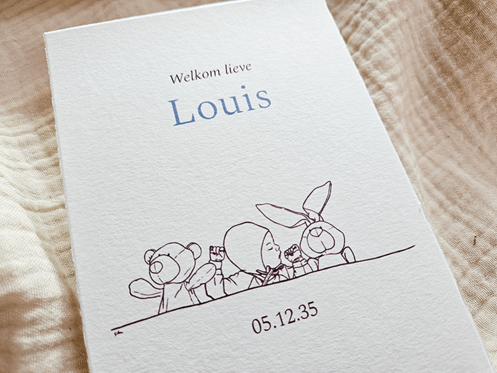 Klassiek geboortekaartje met lijntekening baby en knuffels Louis detail