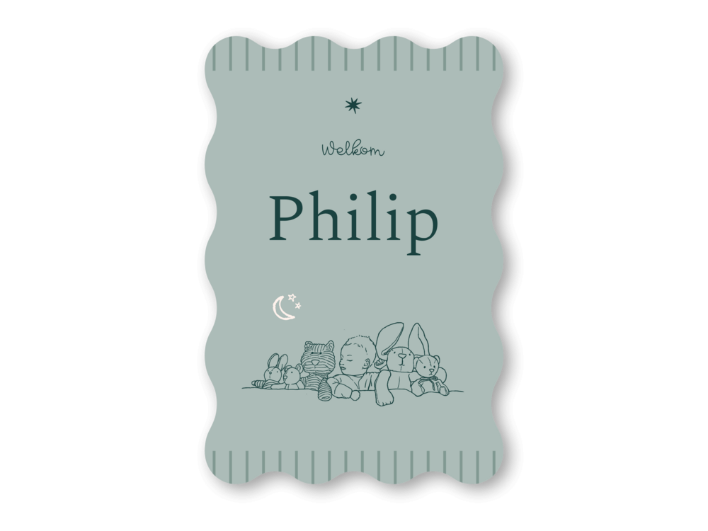 Golvende vorm geboortekaartje met lijntekening Philip