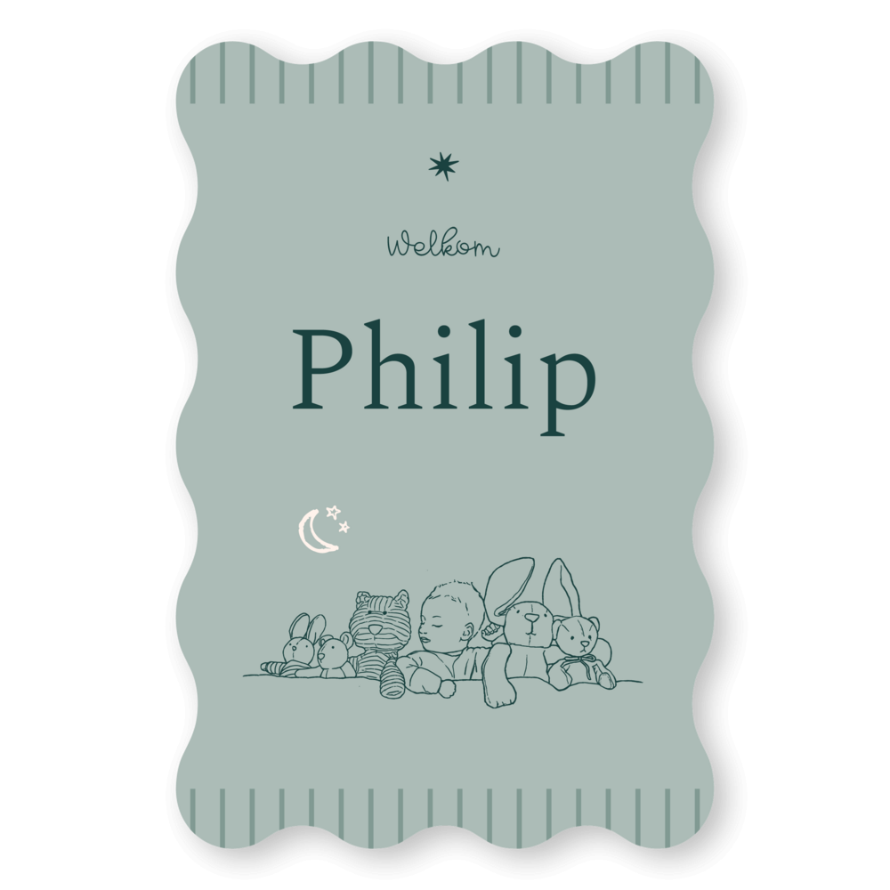 Golvende vorm geboortekaartje met lijntekening Philip