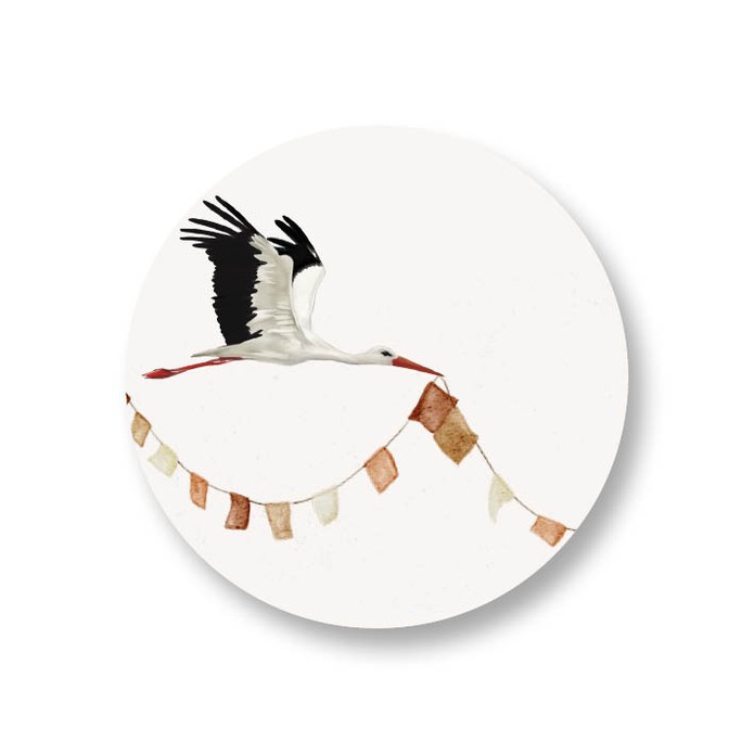 Sticker met getekende ooievaar en slinger