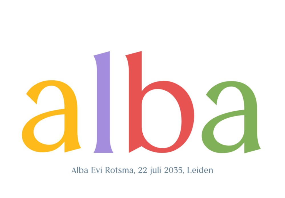 Stoer kleurrijk geboortekaartje Alba