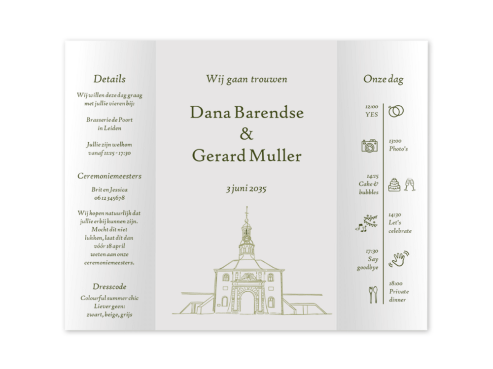 Trouwkaarten met theatervorm en trouwlocatie illustratie binnenzijde