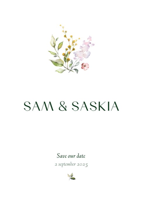 Trouwkaart Sam&Saskia met veldbloemen